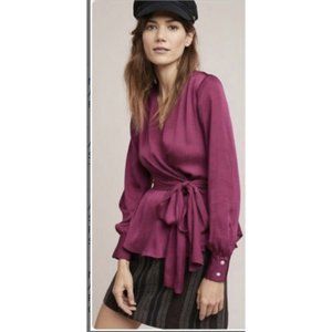 Moulinette Soeurs Anthropologie Maroon Sheer Brynn Wrap Tie Front Blouse size 12